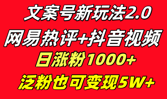 文案号新玩法 网易热评+抖音文案 一天涨粉1000+ 多种变现模式 泛粉也可变现_北创网