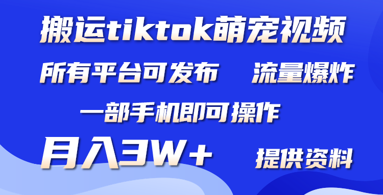 搬运Tiktok萌宠类视频，一部手机即可。所有短视频平台均可操作，月入3W+_北创网