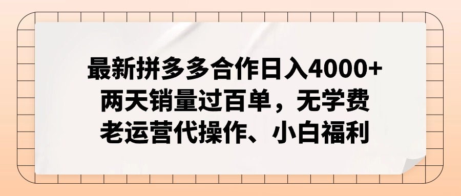 最新拼多多合作日入4000+两天销量过百单，无学费、老运营代操作、小白福利_北创网